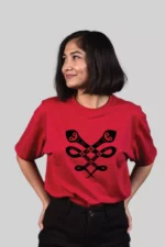 Trendy Red Oversized Tee with Bold Snake Graphic Print Design