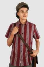 Men Maroon Pencil Striped Half Sleeve Cotton Shirt - Image 3