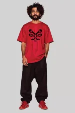 Trendy Red Oversized Tee with Bold Snake Graphic Print Design - Image 2