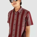 Men Maroon Pencil Striped Half Sleeve Cotton Shirt