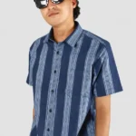 Men Blue Pencil Striped Half Sleeve Cotton Shirt