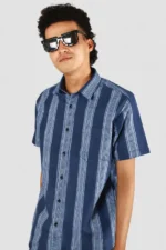 Men Blue Pencil Striped Half Sleeve Cotton Shirt
