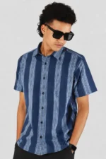 Men Blue Pencil Striped Half Sleeve Cotton Shirt - Image 2