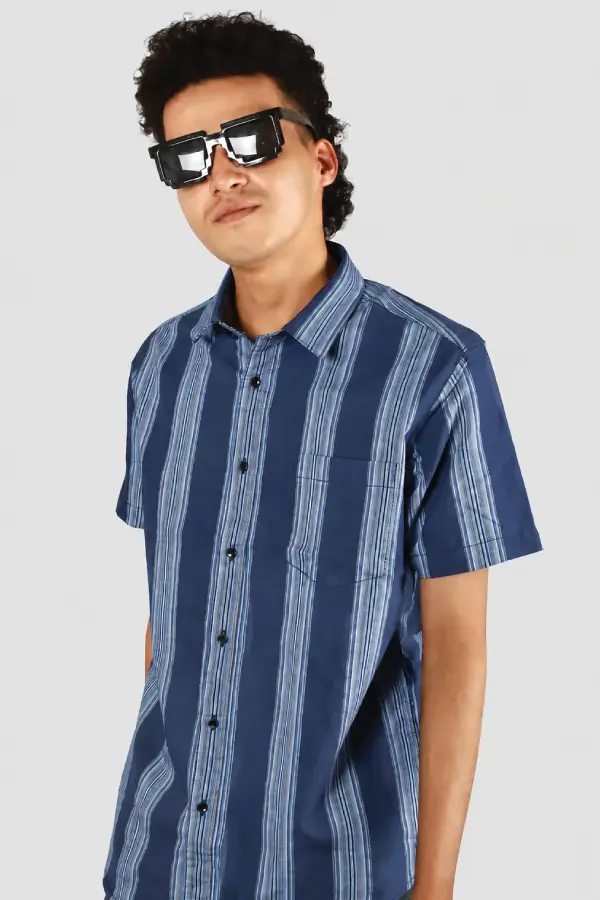 blue-line Men Blue Pencil Striped Half Sleeve Cotton Shirt - Image 1
